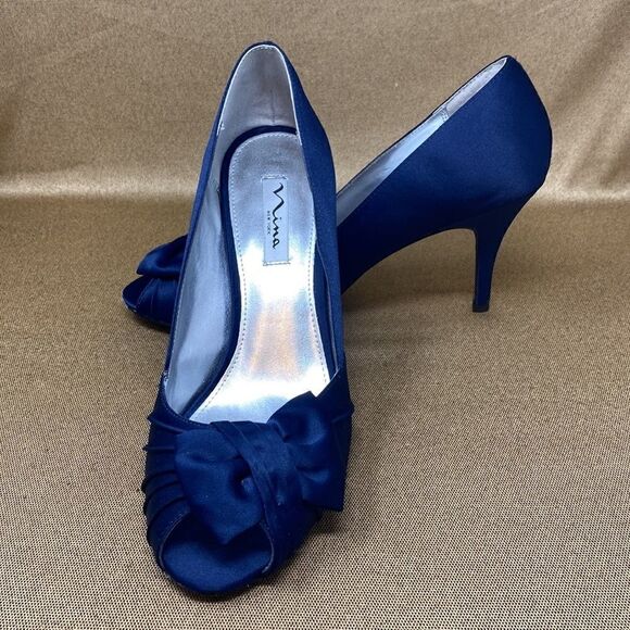 Nina New York Blue Satin Peep Toe Heels - Picture 1 of 13
